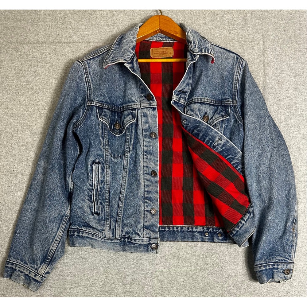 Vintage 80s Levis Trucker Jacket M 40 Blue Buffalo Flannel Lined USA Made